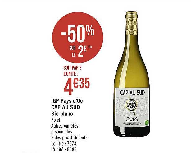 Igp Pays D'oc Cap Au Sud Bio Blanc -50% Sur Le 2e