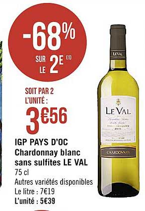 igp pays d'oc chardonnay blanc sans sulfites le val -68% sur le 2e