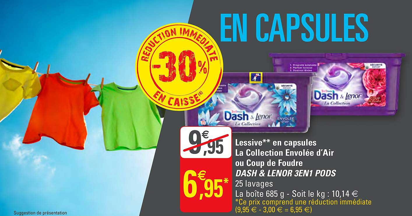 lessive en capsules la collection envolée d'air ou coup de foudre dash & lenor 3en1 pods