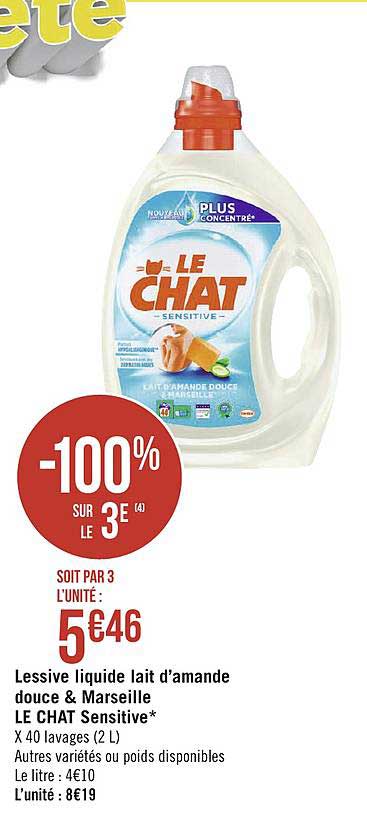 lessive liquide lait d'amande douce & marseille le chat sensitive -100% sur le 3e