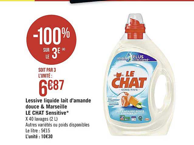 lessive liquide lait d'amande douce & marseille le chat sensitive -100% sur le 3e