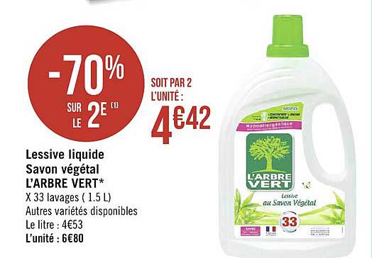 lessive liquide savon végétal l'arbre vert -70% sur le 2e