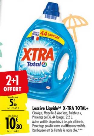 lessive liquide x tra total+ 2+1 offert