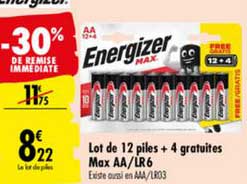 Lot D 12 Piles + 4 Gratuites Max Aa Lr6 -30% De Remise Immédiate