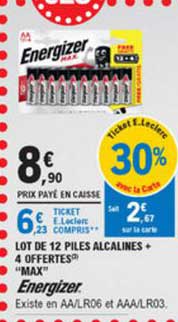lot de 12 piles alcalines 4 offertes max energizer