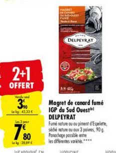 magret de canard fumé igp du sud ouest delpeyrat 2+1 offert