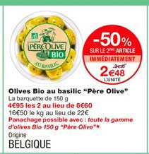 olives bio au basilic père olive -50% sur le 2ème article