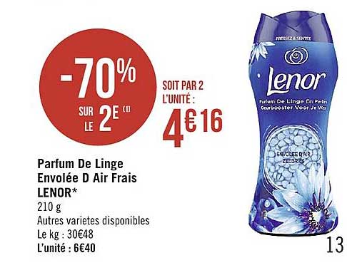 parfum de linge envolée d'air frais lenor -70% sur le 2e