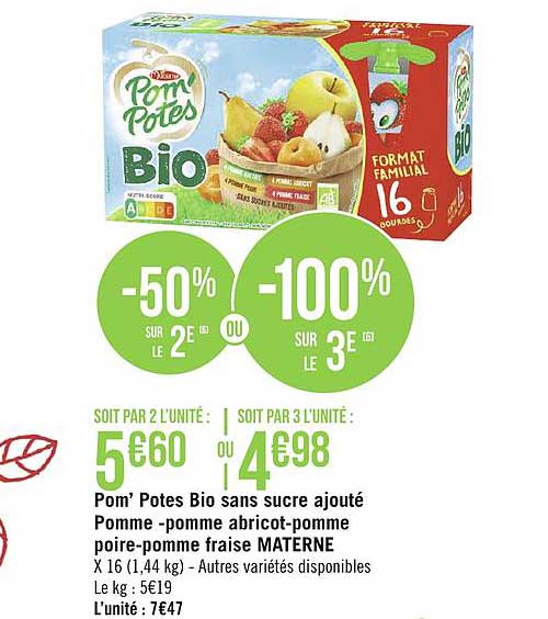 pom' potes bio sans sucre ajouté pomme pomme abricot pomme poire pomme fraise materne -50% sur le 2e ou -100% sur le 3e