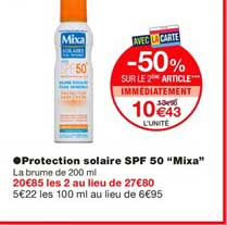 protection solaire spf 50 mixa -50% sur le 2ème article