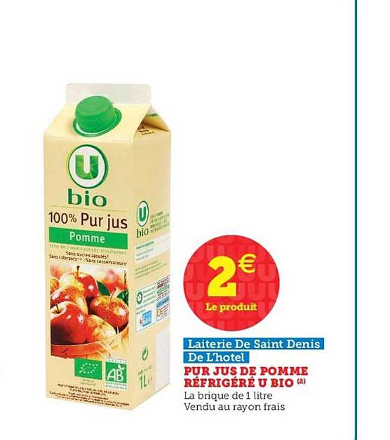 pur jus de pomme réfrigéré u bio laiterie de saint denis de l'hôtel