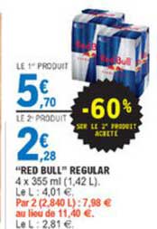 red bull regular -60% sur le 2e produit acheté
