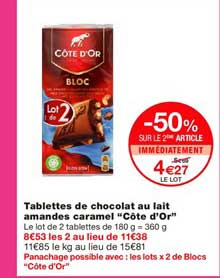 Tablettes De Chocolat Au Lait Amandes Caramel Côte D'or -50% Sur Le 2ème Article