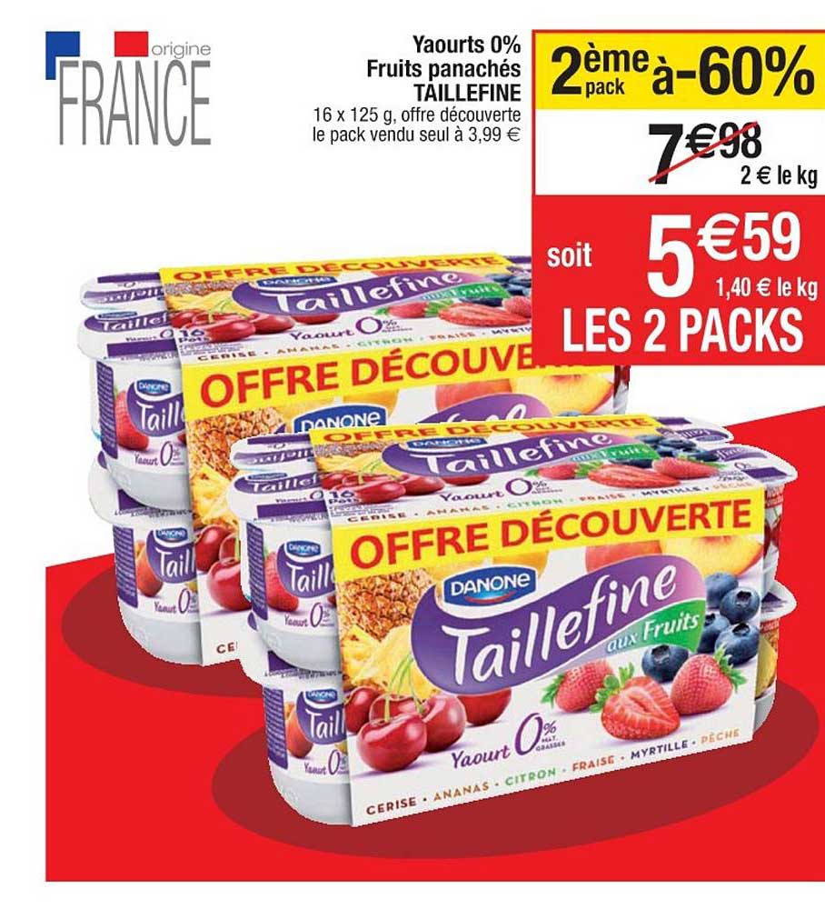 yaourts 0% fruits panachés taillefine 2ème pack à -60%
