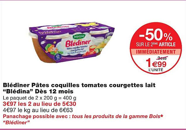 blédîner pâtes coquilles tomates courgettes lait "blédina" dès 12 mois