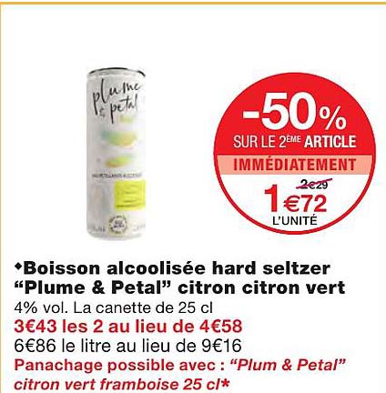 boisson alcoolisée hard seltzer "plume & petal" citron citron vert