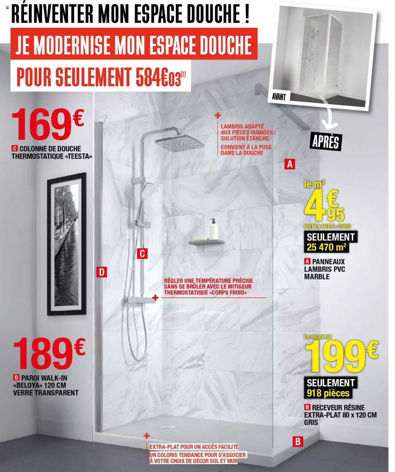 colonne de douche thermostatique «teesta», paroi walk-in «beloya» 120 cm verre transparent, panneaux lambris pvc marble, receveur résine extra-plat 80 x 120 cm gris