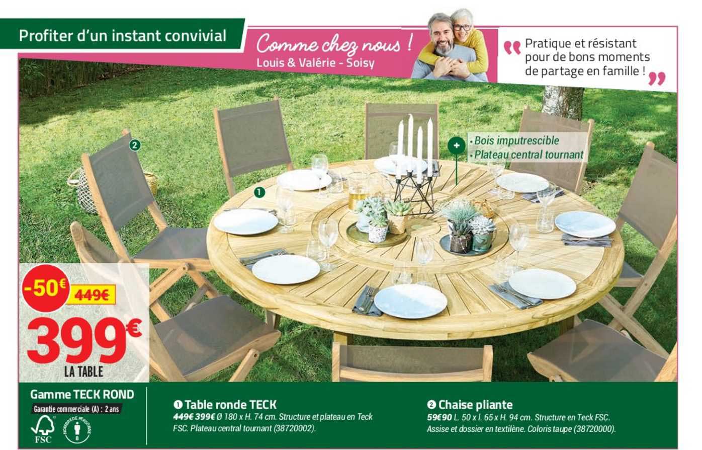 gamme teck rond : table ronde teck, chaise pliante