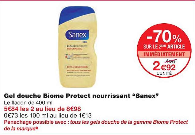gel douche biome protect nourrissant "sanex"