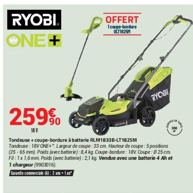 tondeuse + coupe-bordure à batterie rlm1833b-lt1825m ryobi