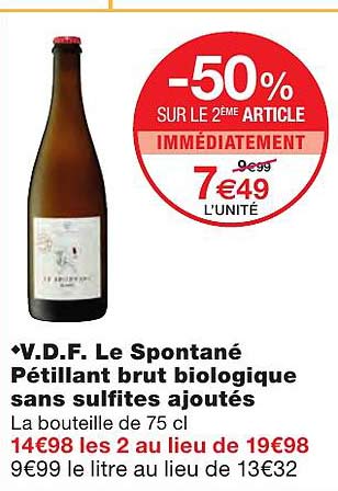 v.d.f. le spontané pétillant brut biologique sans sulfites ajoutés