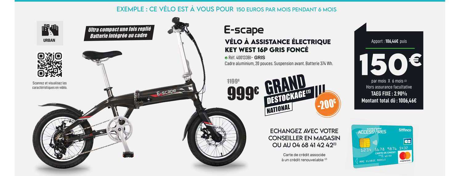 vélo à assistance électrique key west 16p gris foncé e-scape