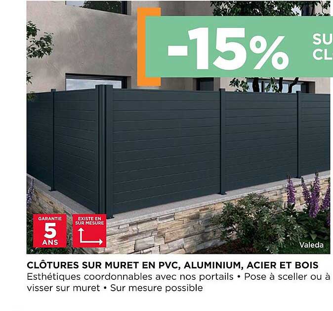 clôtures sur muret en pvc, aluminium, acier et bois