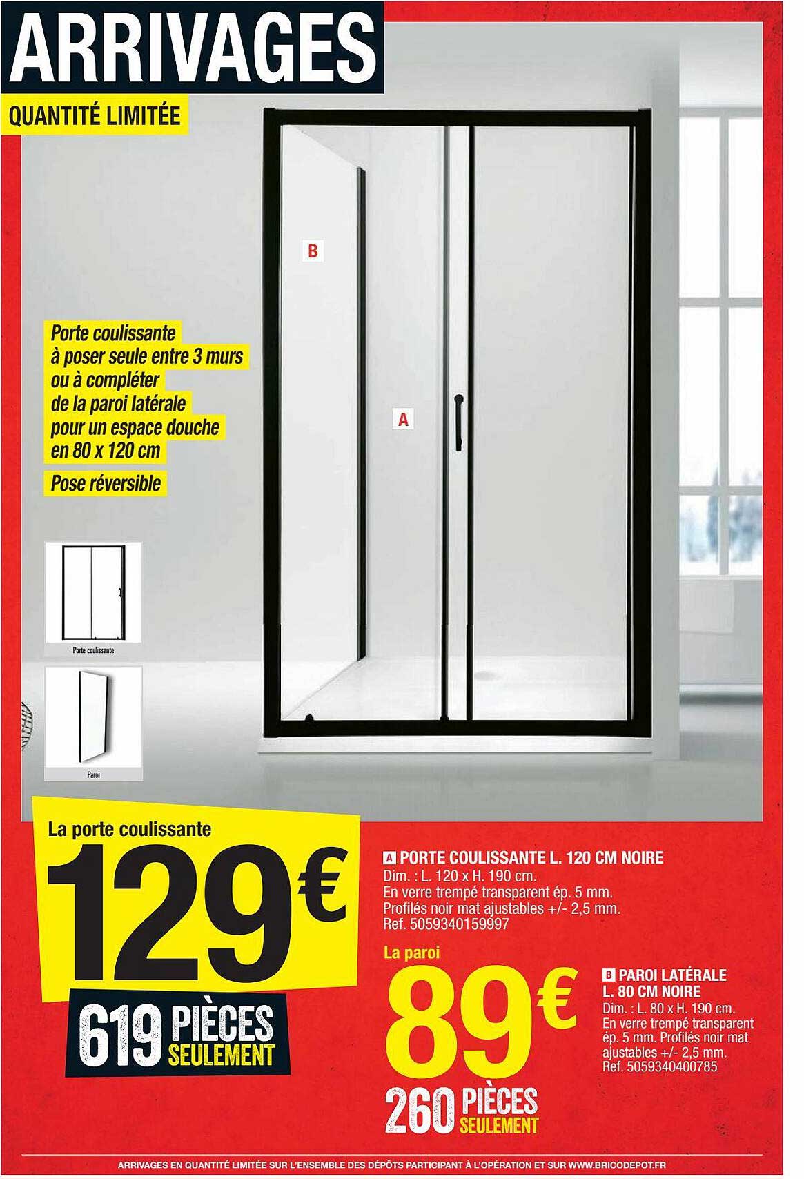 porte coulissante l. 120 cm noire, paroi latérale l. 80 cm noire