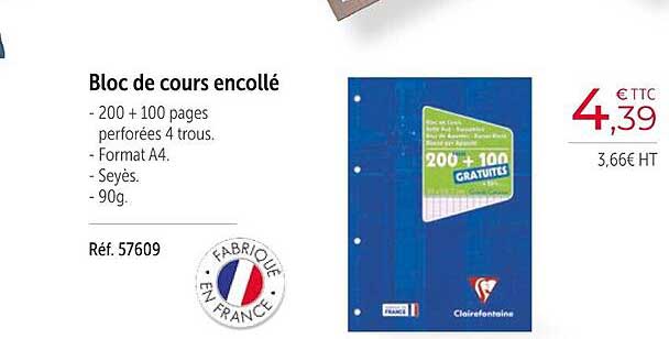 bloc de cours encollé clairefontaine