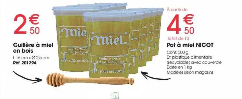 cuillère à miel en bois, pot à miel nicot