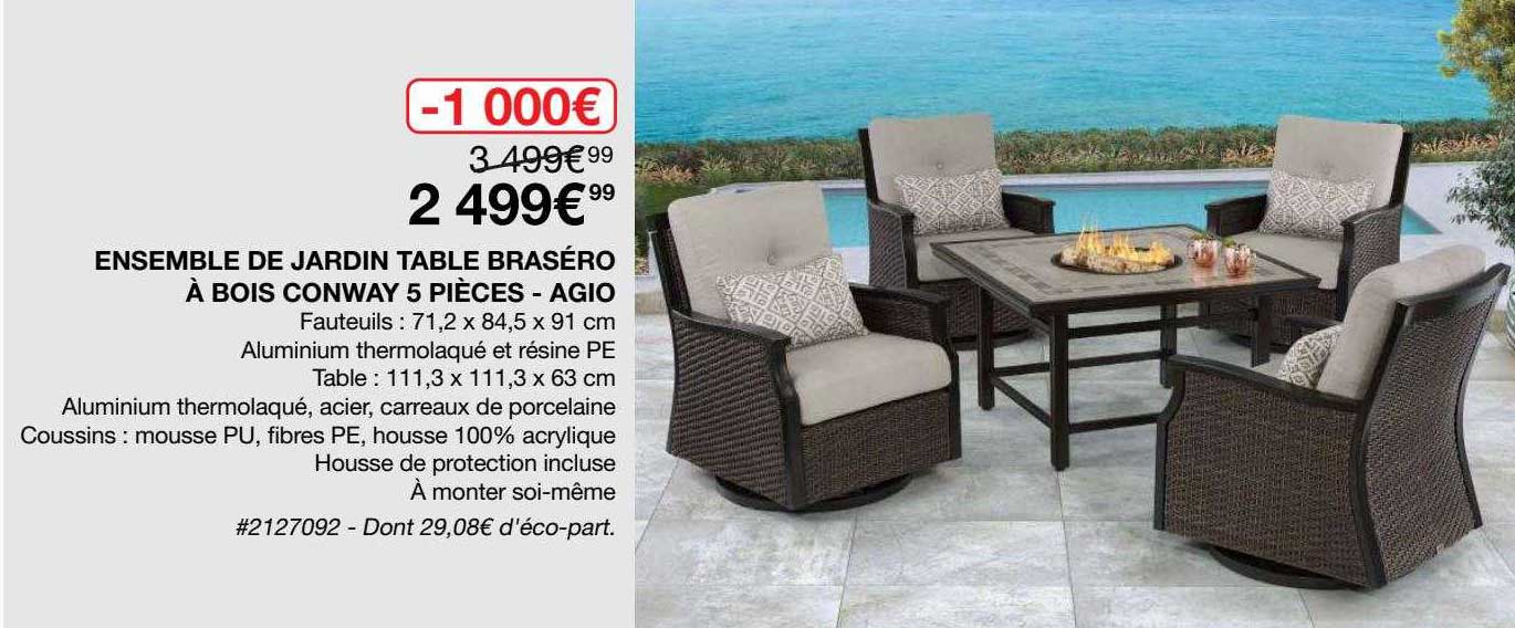 ensemble de jardin table braséro à bois conway 5 pièces - agio