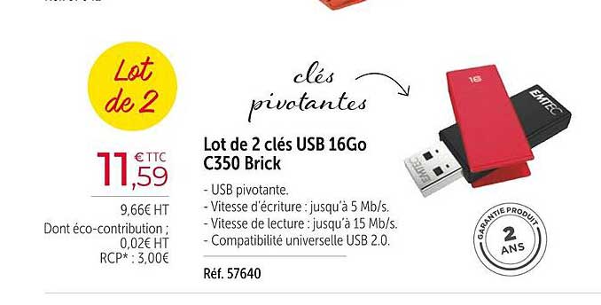 lot de 2 clés usb 16 go c350 brick emtec