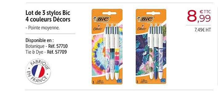lot de 3 stylos bic 4 couleurs décors