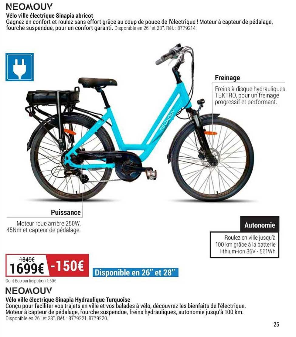 neomouv vélo ville électrique sinapia abricot ou sinapia hydraulique turquoise