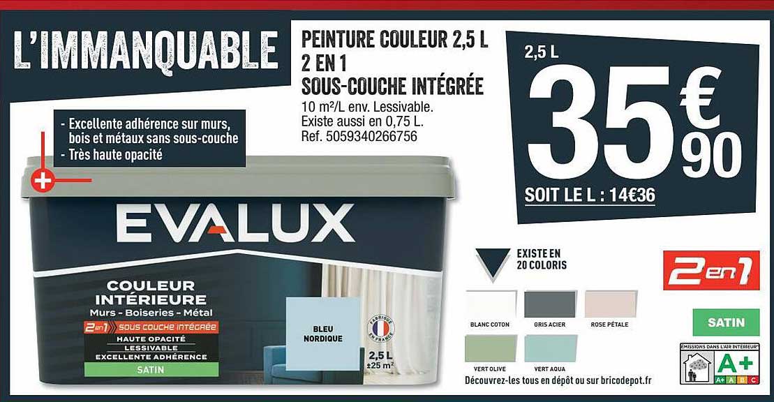 peinture couleur 2,5l 2 en 1 sous-couche intégrée evalux