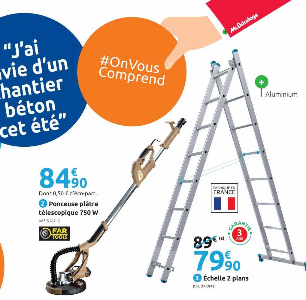 ponceuse plâtre télescopique 750 w, échelle 2 plans