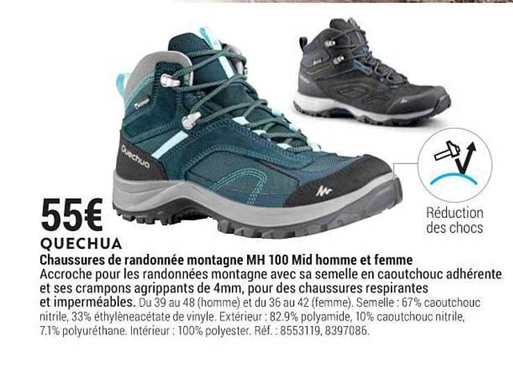 quechua  chaussures de randonnée montagne mh100 mid homme et femme