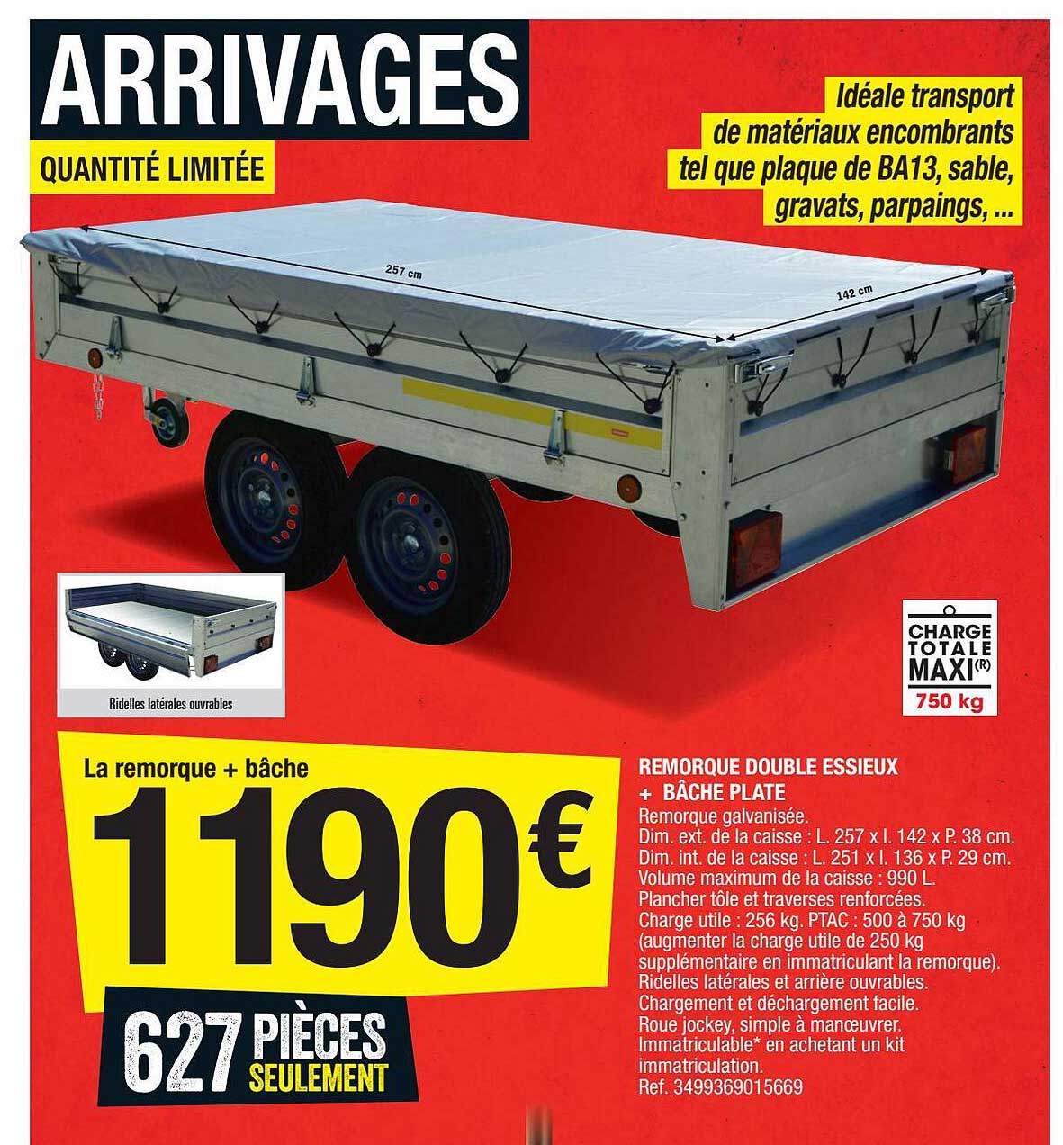 Remorque Double Essieux + Bâche Plate