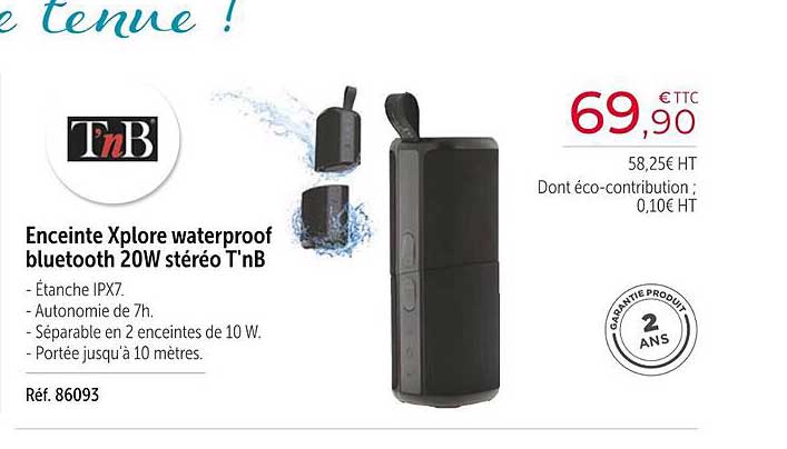 t'nb enceinte xplore waterproof bluetooth 20w stéréo