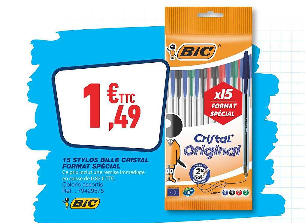 15 stylos bille cristal format spécial bic