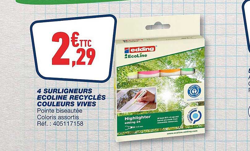 4 surligneurs écoline recyclés couleurs vives edding