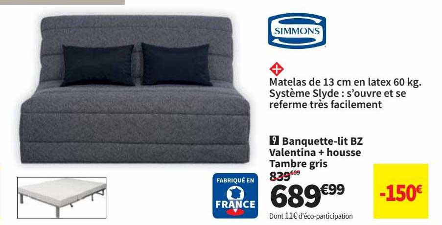 banquette-lit bz valentina + housse tambre gris simmons