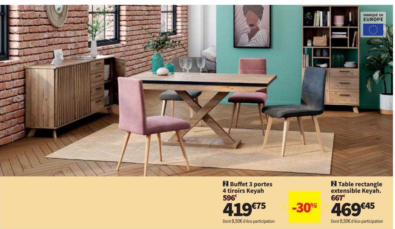 Buffet 3 Portes 4 Tiroirs Keyah, Table Rectangle Extensible Keyah