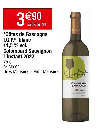 côtes de gascogne i.g.p. blanc 11,5% vol. colombard sauvignon l'instant 2022