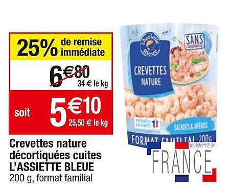 crevettes nature décortiquées cuites l'assiette bleue