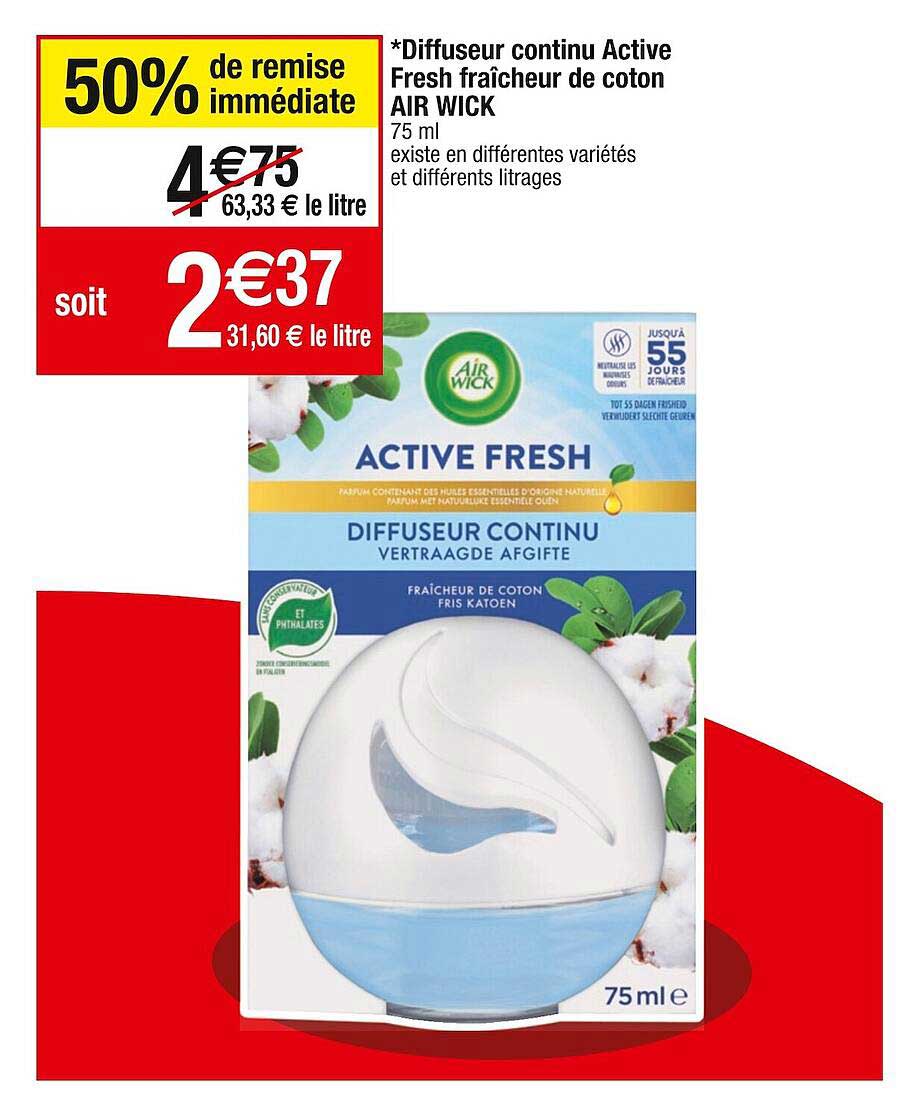 diffuseur continu active fresh fraîcheur de coton air wick