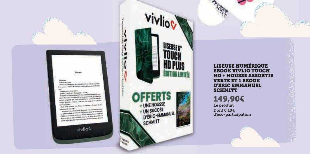 liseuse numérique ebook vivlio touch hd + housse assortie verte et 1 ebook d'éric emmanuel schmitt