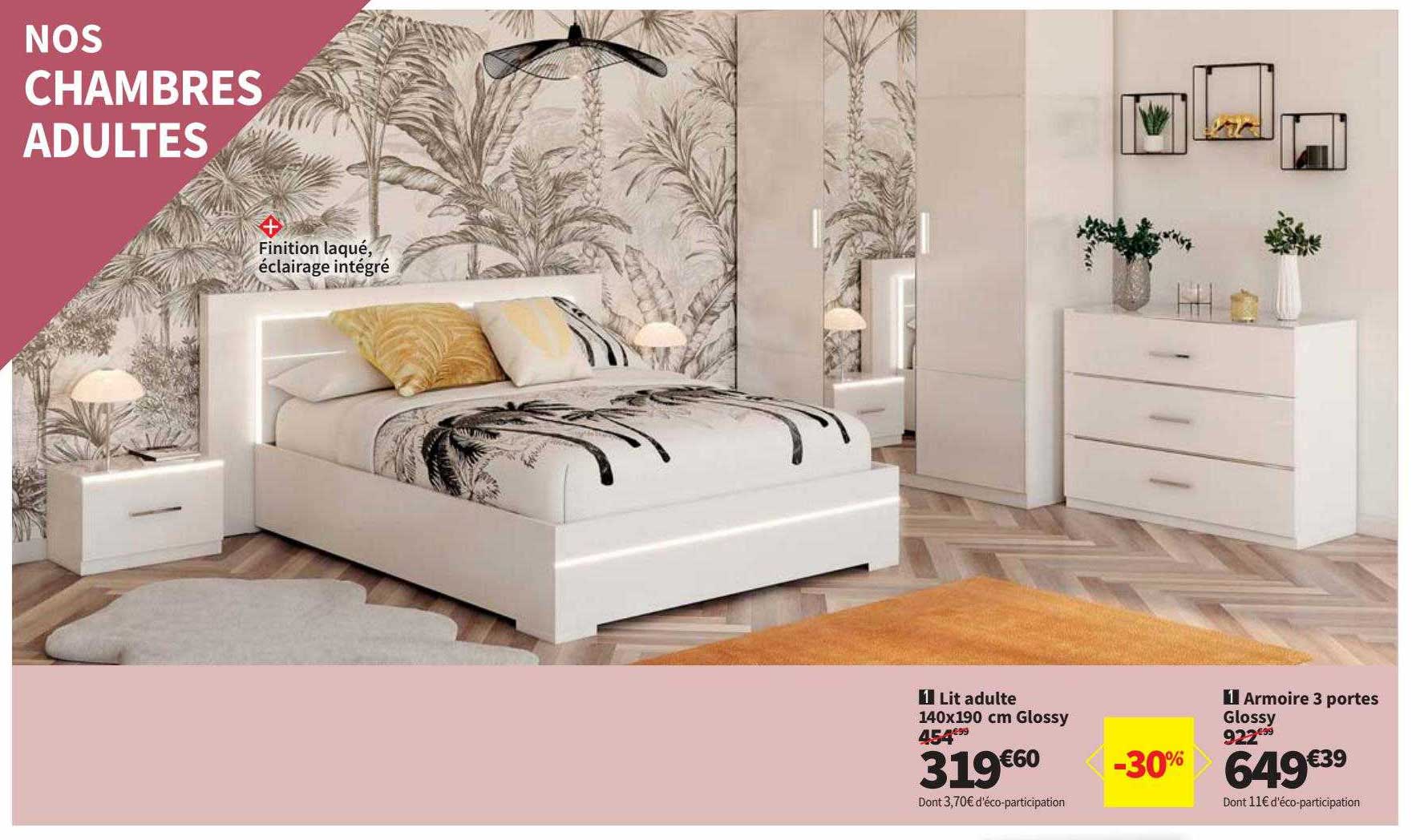 Lit Adulte 140 X 190 Cm Glossy, Armoire 3 Portes Glossy