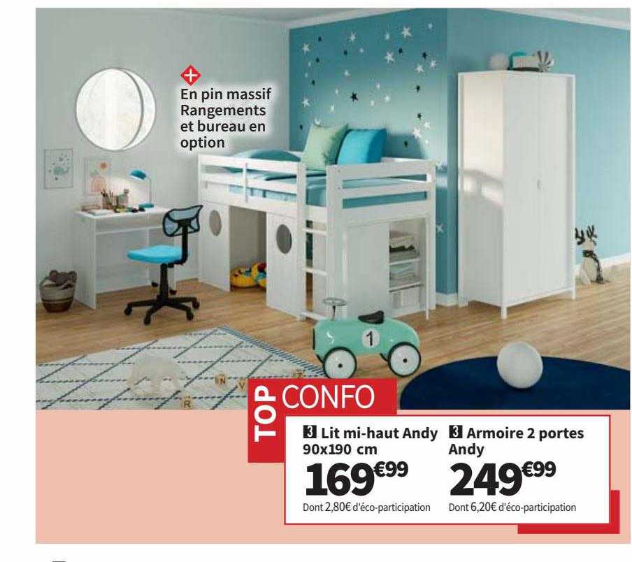 lit mi-haut andy 90 x 190 cm, armoire 2 portes andy