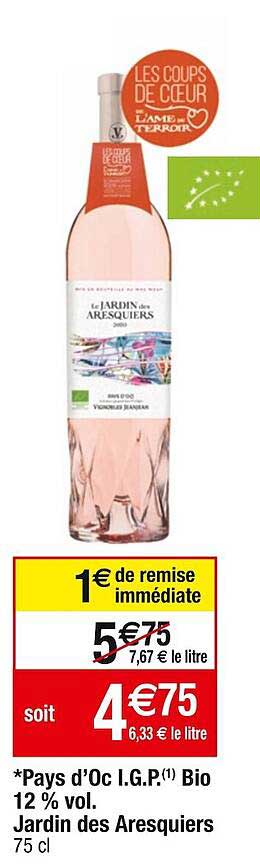 pays d'oc i.g.p. bio 12% vol. jardin des aresquiers